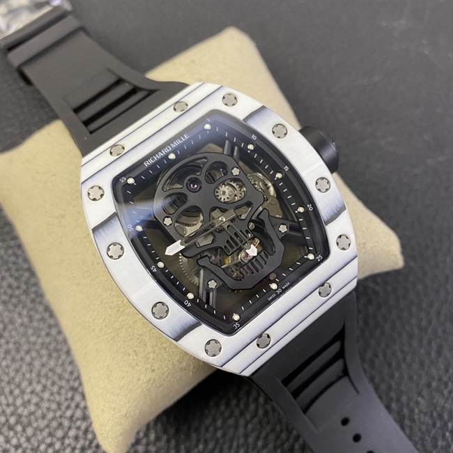 JB factory top-tier watch Richard Mille skull real tourbillon automatic movement men's black dialrubber strap watch front view