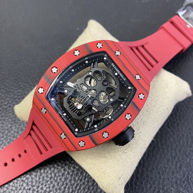 JB factory Richard Milletop-tier watch RM52-01 real tourbillon men's black dial red rubber strap skull mechanical watch front view