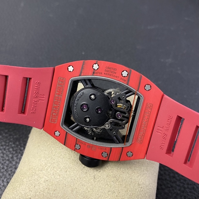 JB factory Richard Milletop-tier watch RM52-01 real tourbillon men's black dial red rubber strap skull mechanical watch movement picture