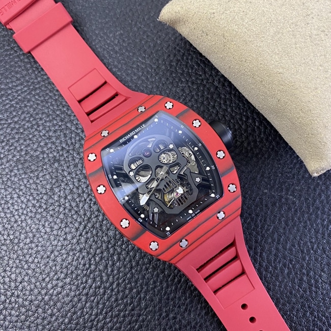 JB factory Richard Milletop-tier watch RM52-01 real tourbillon men's black dial red rubber strap skull mechanical watch front view