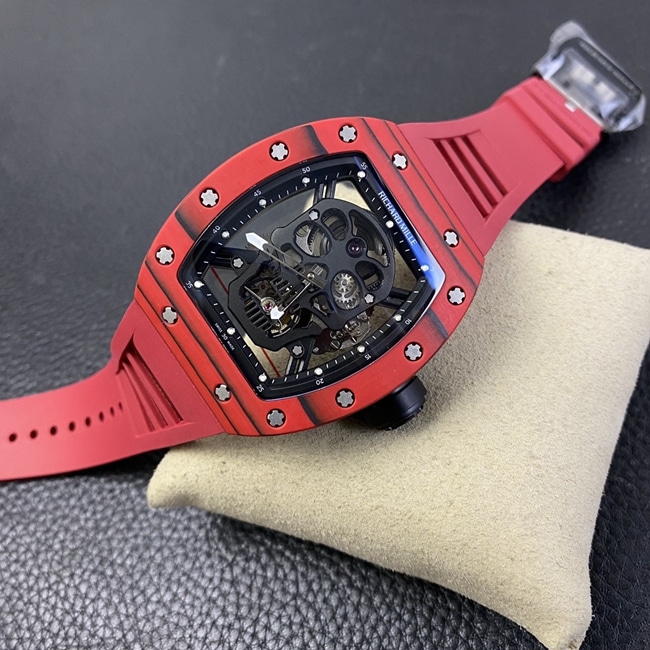 JB factory Richard Milletop-tier watch RM52-01 real tourbillon men's black dial red rubber strap skull mechanical watch front view