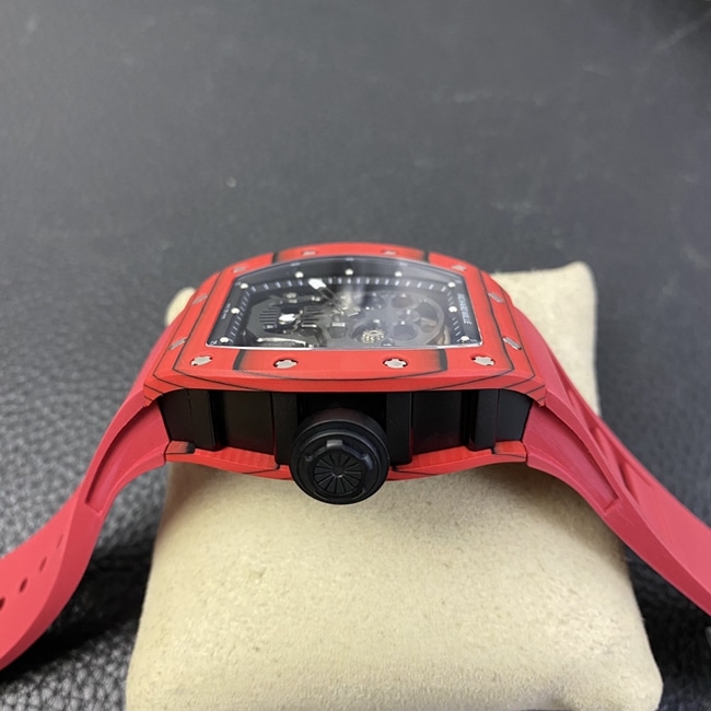 JB factory Richard Milletop-tier watch RM52-01 real tourbillon men's black dial red rubber strap skull mechanical watch side view