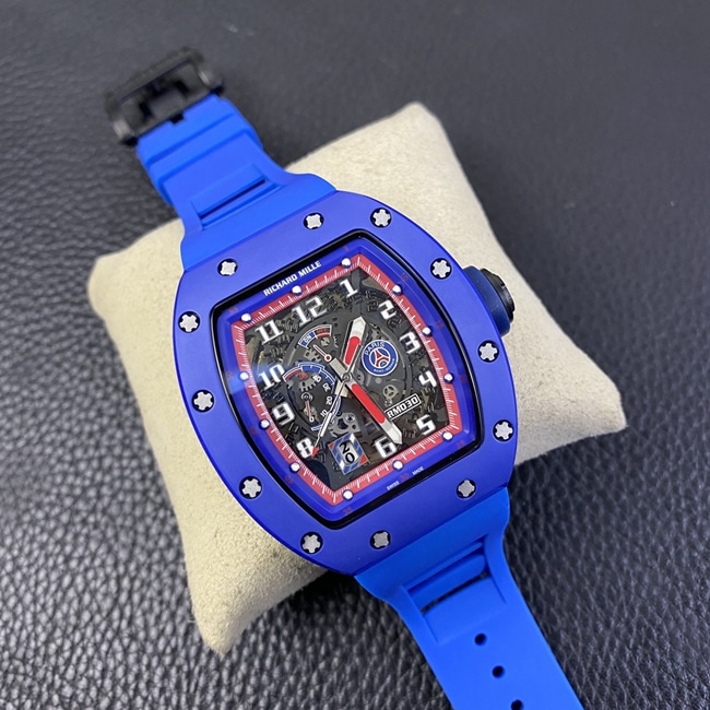 top-tier watch Richard MilleRM030 men's black dial blue rubber strapautomatic movement watch front view
