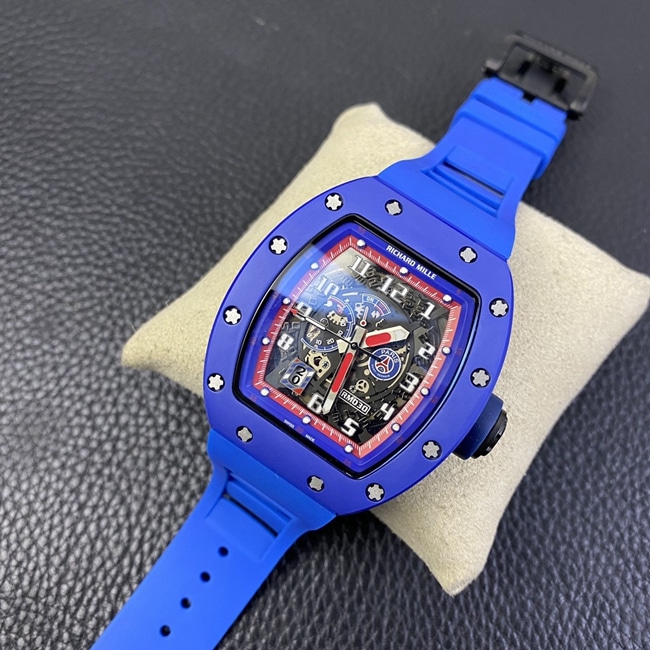 top-tier watch Richard MilleRM030 men's black dial blue rubber strapautomatic movement watch front view