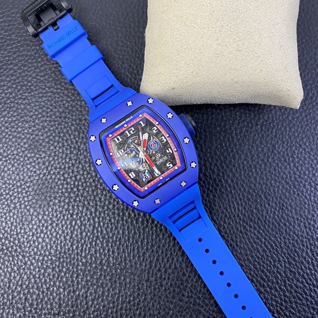 top-tier watch Richard MilleRM030 men's black dial blue rubber strapautomatic movement watch front view