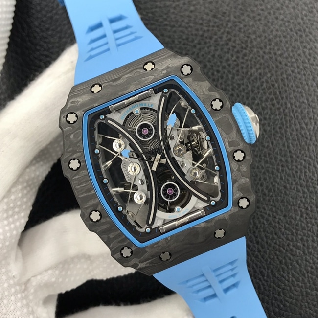 JB factory Richard Milletop-tier watch automatic movement genuine tourbillon men's black dial blue rubber strap watch front view