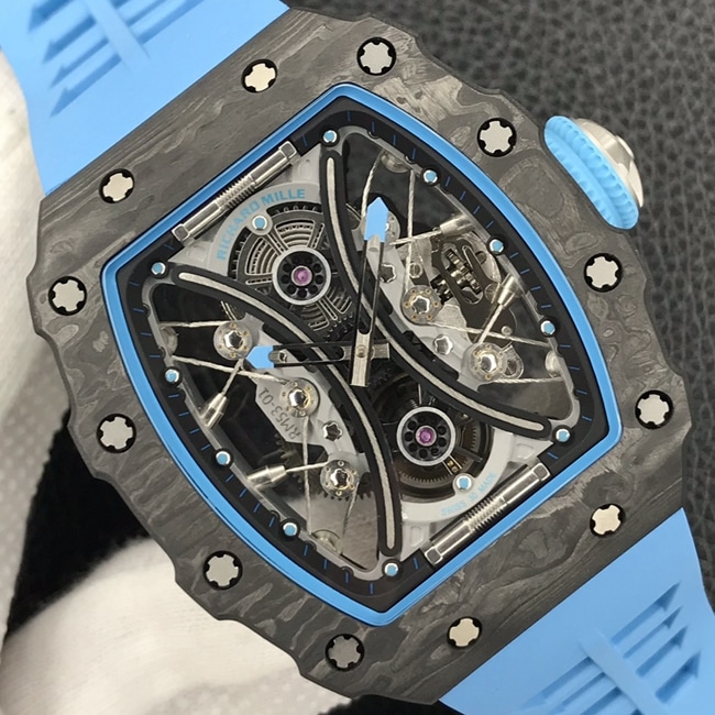 JB factory Richard Milletop-tier watch automatic movement genuine tourbillon men's black dial blue rubber strap watch front view
