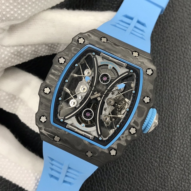 JB factory Richard Milletop-tier watch automatic movement genuine tourbillon men's black dial blue rubber strap watch front view