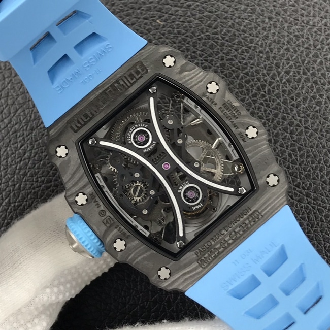 JB factory Richard Milletop-tier watch automatic movement real tourbillon men's black dial blue rubber strap watch movement picture