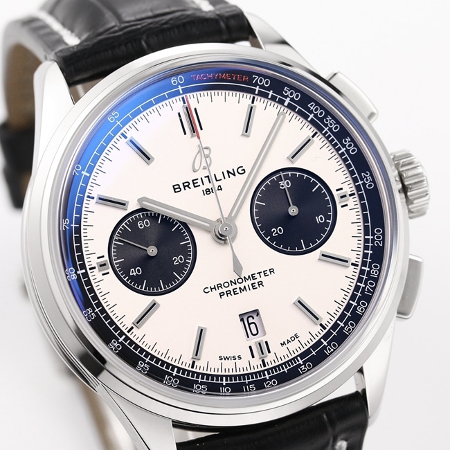 GF Factorytop-tier watch Breitling B01chronograph men's white dial black belt v2 upgraded version automatic movementleather strap watch front view