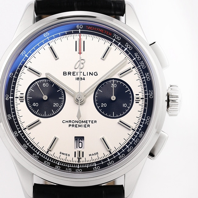 GF Factorytop-tier watch Breitling B01chronograph men's white dial black belt v2 upgraded version automatic movementleather strap watch front view