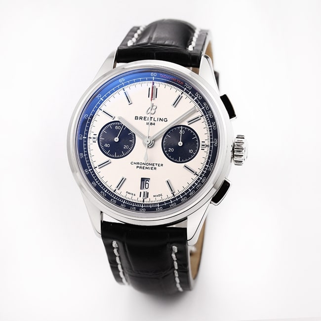 GF Factorytop-tier watch Breitling B01chronograph men's white dial black belt v2 upgraded version automatic movementleather strap watch front view