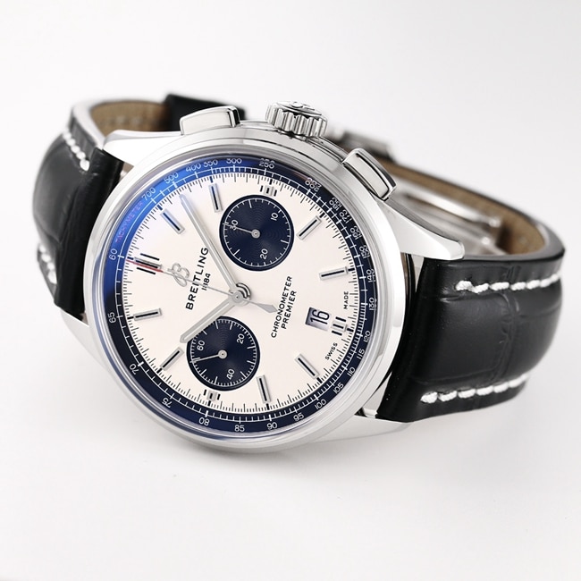 GF Factorytop-tier watch Breitling B01chronograph men's white dial black belt v2 upgraded version automatic movementleather strap watch front view