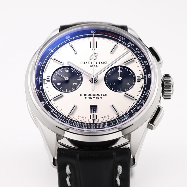 GF Factorytop-tier watch Breitling B01chronograph men's white dial black belt v2 upgraded version automatic movementleather strap watch front view