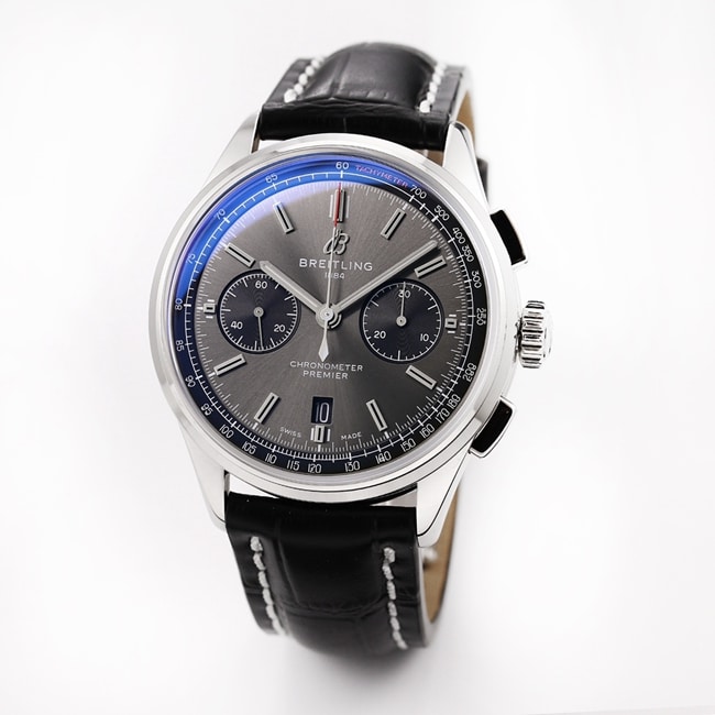 GF FactoryBreitlingtop-tier watch v2 upgraded version automatic movement men's black dial black leather strap watch front view