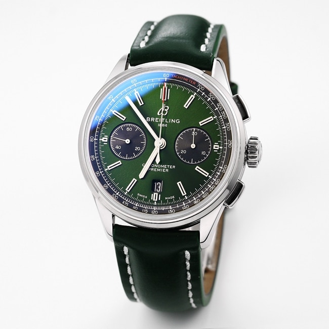 GF Factory new Breitlingtop-tier watch men's green dial green strap v2 upgraded version automatic movementleather strap watch front view
