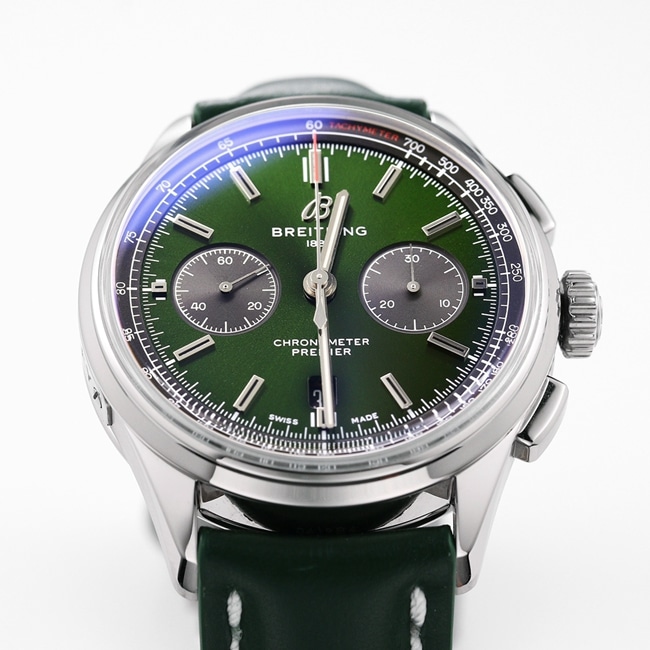 GF Factory new Breitlingtop-tier watch men's green dial green strap v2 upgraded version automatic movementleather strap watch front view