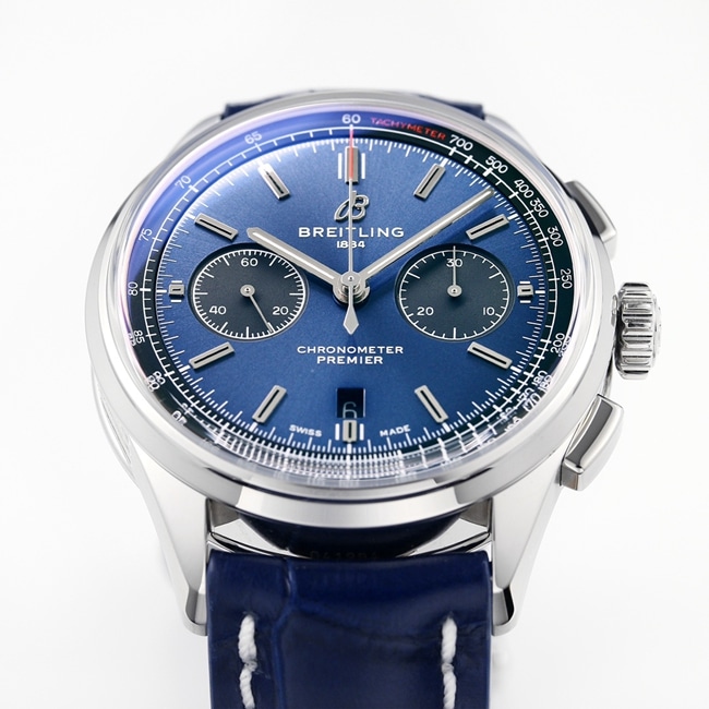 GF Factorytop-tier watch new century men's blue dial blue belt Puya B01chronograph mechanical leather strap watch front view