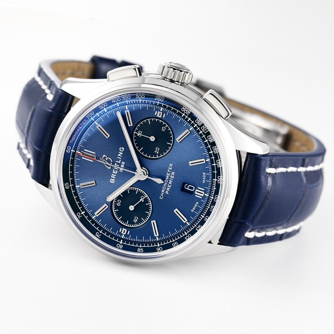 GF Factorytop-tier watch new century men's blue dial blue belt Puya B01chronograph mechanical leather strap watch front view