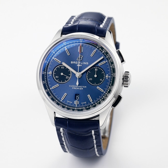 GF Factorytop-tier watch new century men's blue dial blue belt Puya B01chronograph mechanical leather strap watch front view