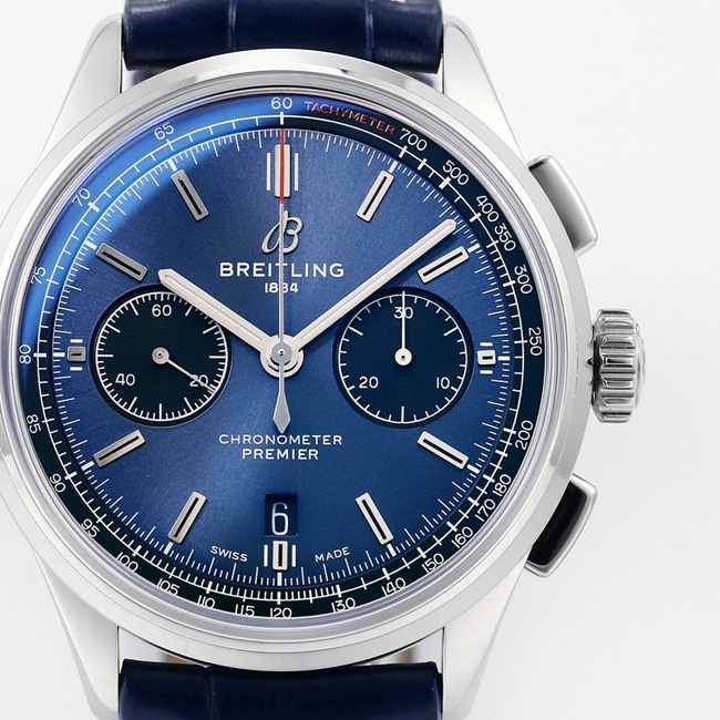 GF Factorytop-tier watch new century men's blue dial blue belt Puya B01chronograph mechanical leather strap watch front view