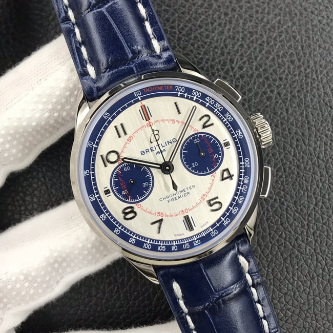 GF Factorytop-tier watch new work Bailing Puya B01chronograph watch 42mm men's white dial blue belt mechanical leather strap watch front view