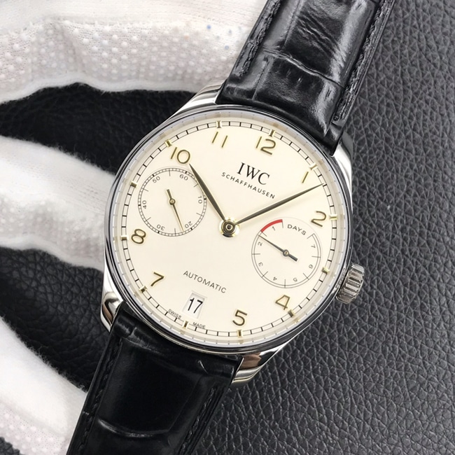 YL factory top-tier watch IWC men's white dial black belt Portuguese seven automatic movementleather strap watch front view