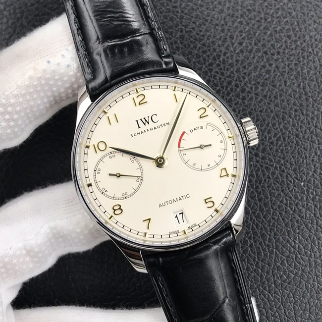 YL factory top-tier watch IWC men's white dial black belt Portuguese seven automatic movementleather strap watch front view