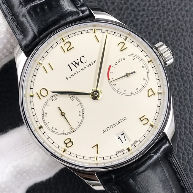 YL factory top-tier watch IWC men's white dial black belt Portuguese seven automatic movementleather strap watch front view