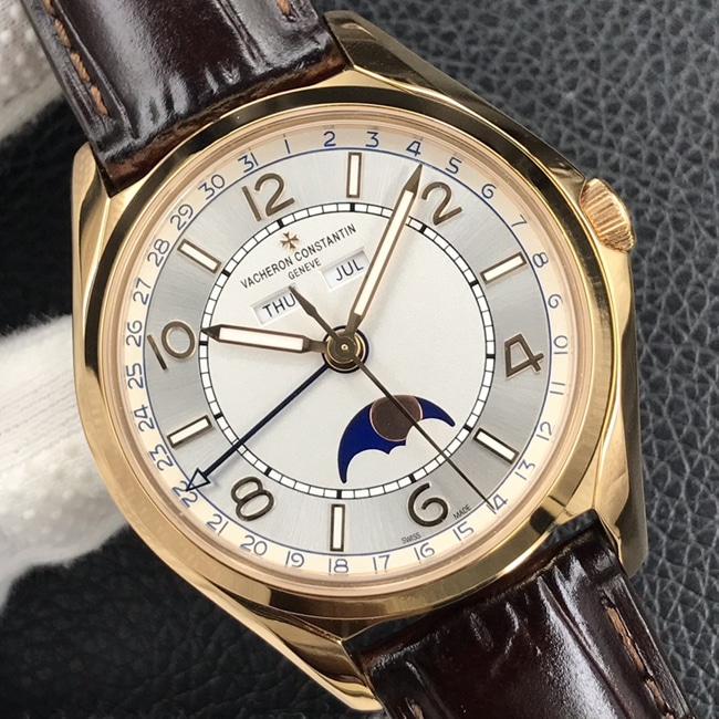 ZF Factorytop-tier watch Vacheron Constantin men's white dial brown belt Wu Luzhi type series full date display moon phase watch front view