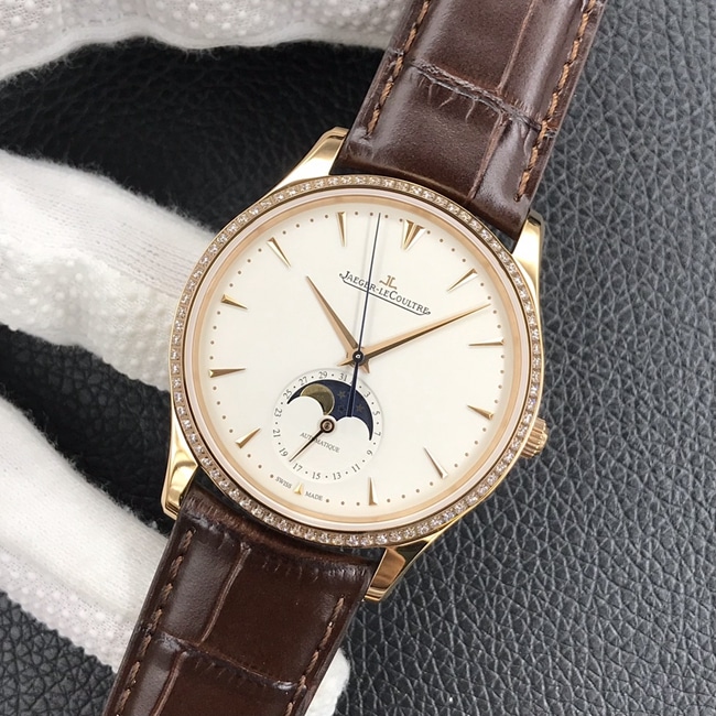 GF FactoryJaeger-LeCoultretop-tier watch men's white dial brown belt master series leather strap mechanical watch front view
