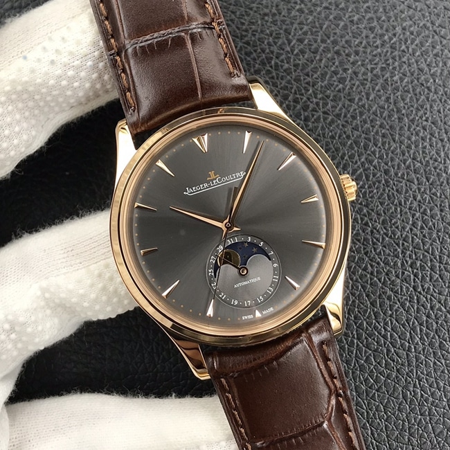 GF Factorytop-tier watch Jaeger-LeCoultreautomatic movement men's black dial brown belt master series leather strap watch front view