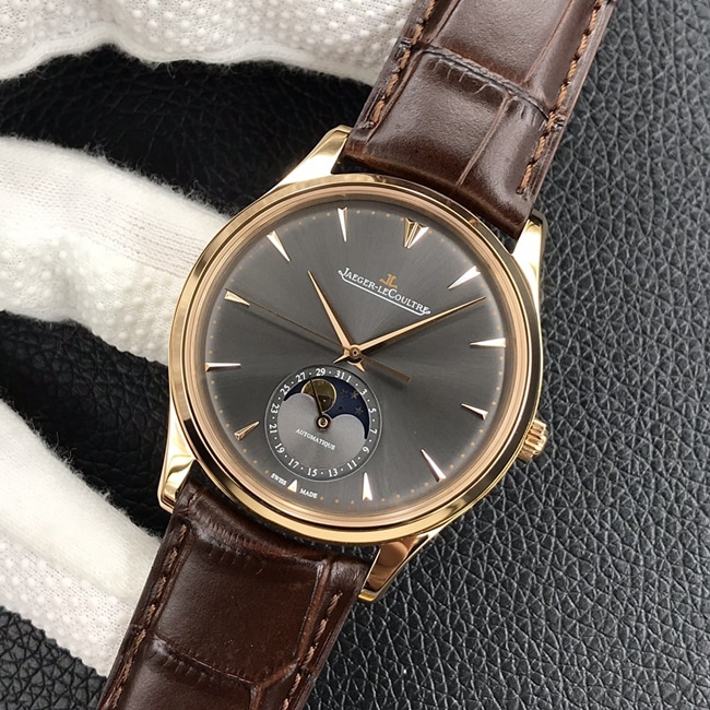 GF Factorytop-tier watch Jaeger-LeCoultreautomatic movement men's black dial brown belt master series leather strap watch front view