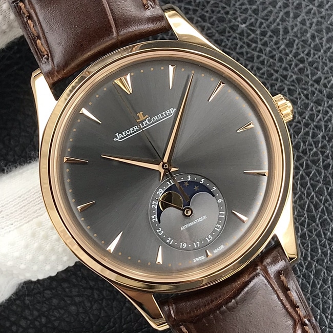 GF Factorytop-tier watch Jaeger-LeCoultreautomatic movement men's black dial brown belt master series leather strap watch front view