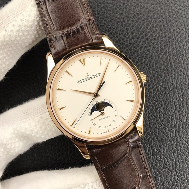 GF Factory top-tier watch Jaeger-LeCoultre men's white dial brown belt automatic movement master series leather strap watch front view