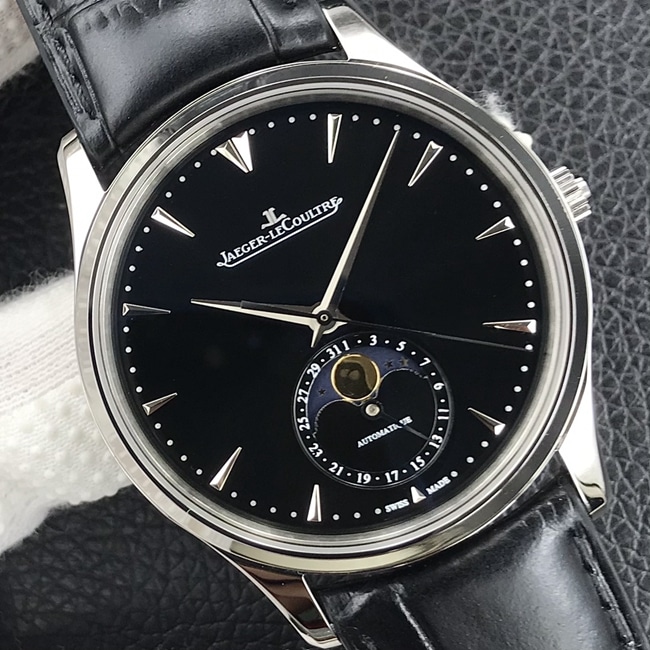 GF Factorytop-tier watch Jaeger-LeCoultre men's black dial black belt master series automatic movementleather strap watch front view