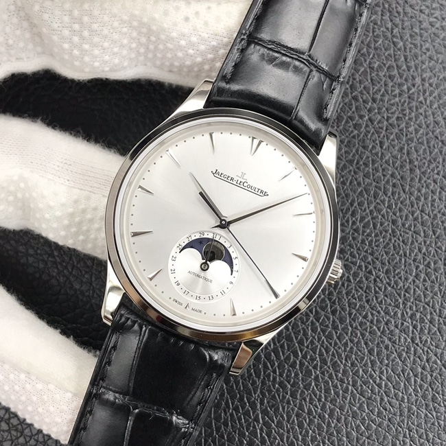 GF FactoryJaeger-LeCoultretop-tier watch men's white dial black belt formal watch master series mechanical leather strap watch front view