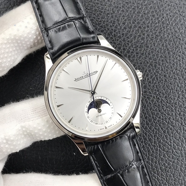 GF FactoryJaeger-LeCoultretop-tier watch men's white dial black belt formal watch master series mechanical leather strap watch front view
