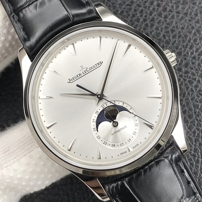 GF FactoryJaeger-LeCoultretop-tier watch men's white dial black belt formal watch master series mechanical leather strap watch front view