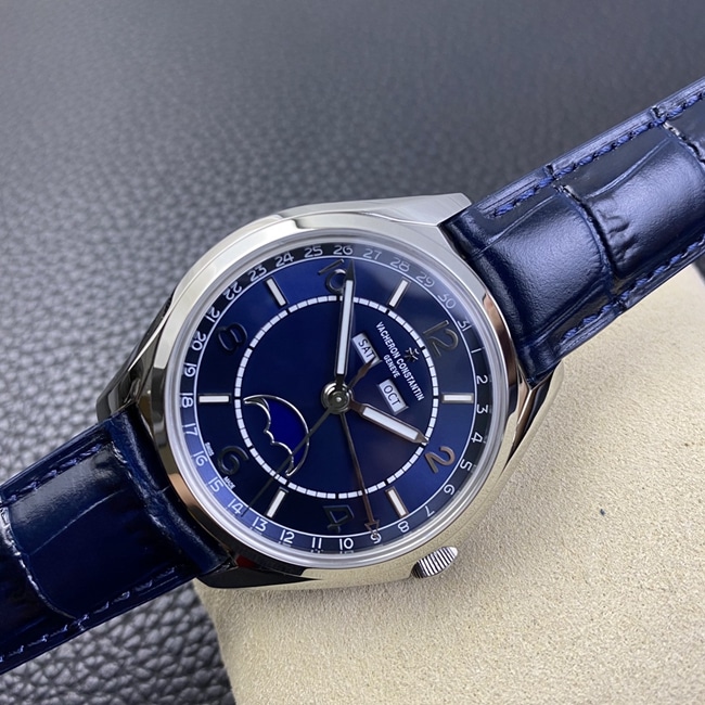 ZF Factory Top Vacheron Constantin Men's Blue Dial Blue Strap Fiftysix Series Complete Calendar Moon Phase Watch Front View