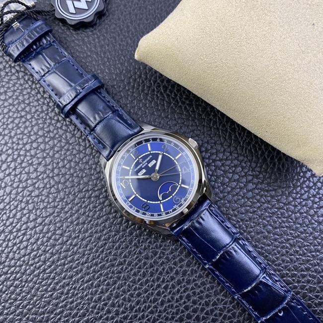 ZF Factory Top Vacheron Constantin Men's Blue Dial Blue Strap Fiftysix Series Complete Calendar Moon Phase Watch Front View
