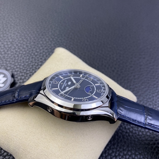 ZF Factory Top Vacheron Constantin Men's Blue Dial Blue Strap FiftySix Series Complete Calendar Moon Phase Watch Side View