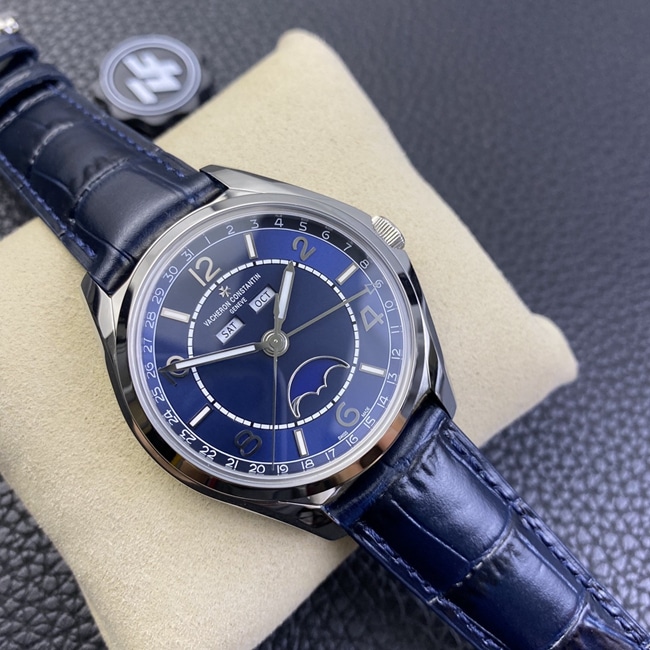ZF Factory Top Vacheron Constantin Men's Blue Dial Blue Strap Fiftysix Series Complete Calendar Moon Phase Watch Front View