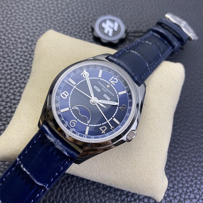 ZF Factory Top Vacheron Constantin Men's Blue Dial Blue Strap Fiftysix Series Complete Calendar Moon Phase Watch Front View