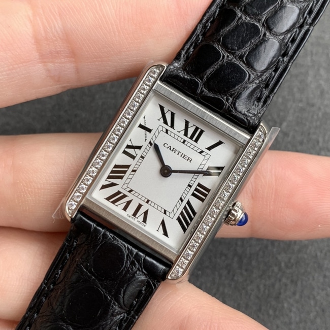 K11 factory top-tier watch Cartier women's white dial black belt tank series leather strap watch front view