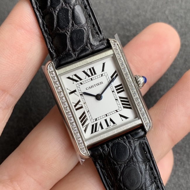 K11 factory top-tier watch Cartier women's white dial black belt tank series leather strap watch front view