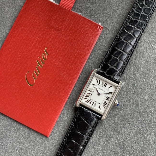 K11 factory top-tier watch Cartier women's white dial black belt tank series leather strap watch front view