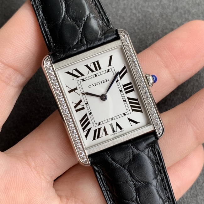 K11 factory Cartiertop-tier watch ladies tank series white dial black belt mechanical watch front view