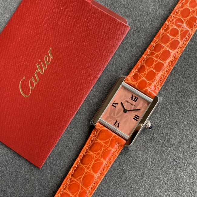 K11 factory top-tier watch Cartier women's tank series pink plate orange belt automatic movementleather strap watch front view
