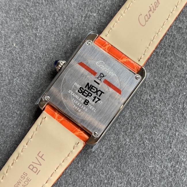 K11 factory top-tier watch Cartier women's tank series pink plate orange belt automatic movementleather strap watch back cover picture